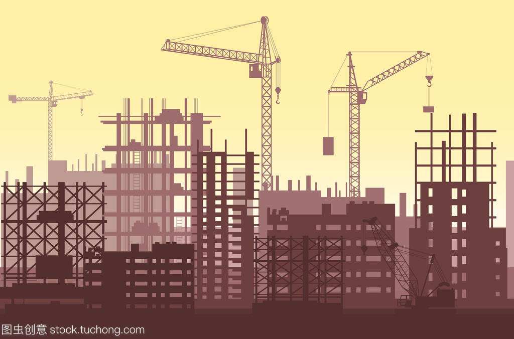 房屋建筑施工過程中。城市建筑工地起重機與摩天大樓